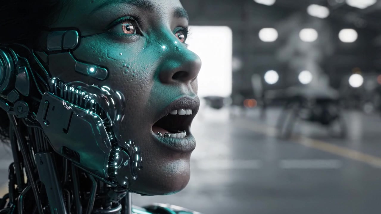 Ritratto di cyborg futuristico che mostra tecnologia avanzata ed emozione umana in un ambiente industriale, sfumando il confine tra umanità e macchinario.