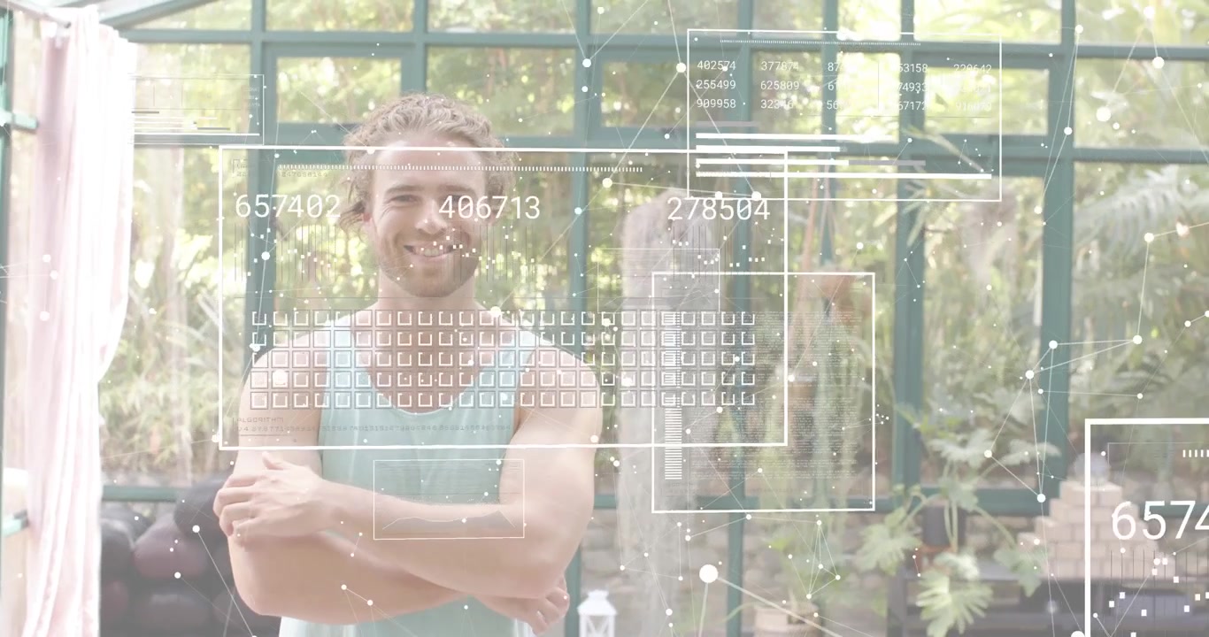 Holographic interface fading triggers man reacting and laughing during tech demo
