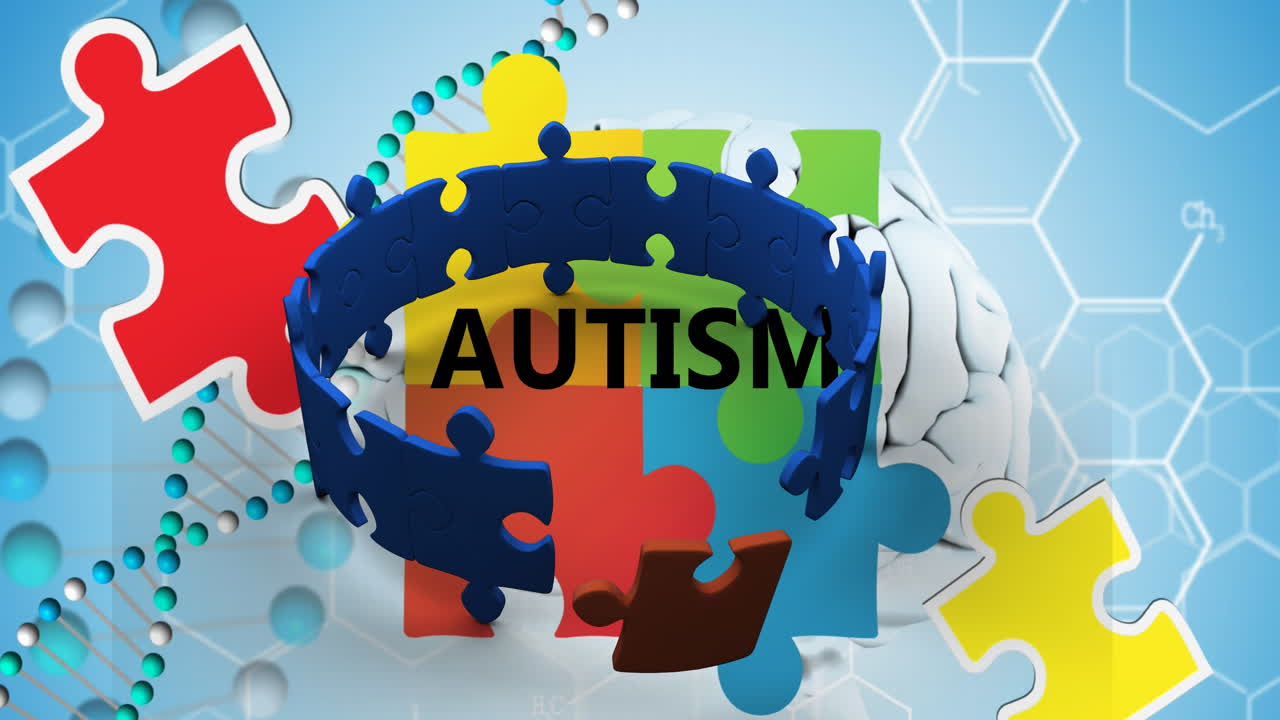 el video digital promueve la conciencia del autismo con piezas de rompecabezas animadas y texto.