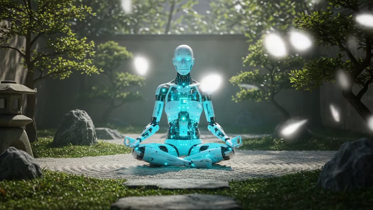 A Serene Robotic Meditation: A Futuristic Android Finds Peace in Nature, Surrounded by Tranquil Elements and Soft Light in a Zen-inspired Environment