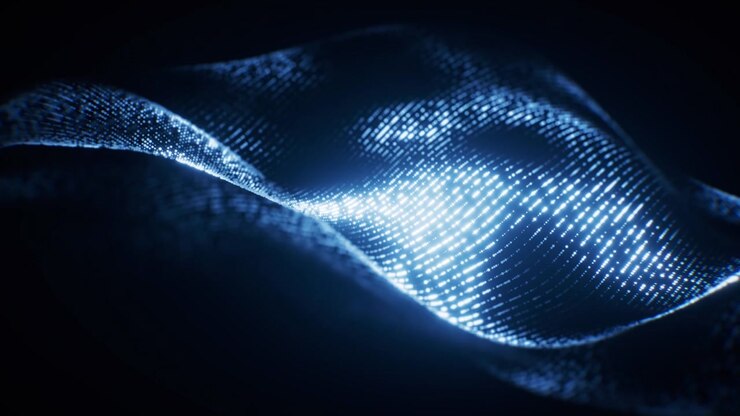 Sfondo di particelle a onda blu fluenti, rendering 3D