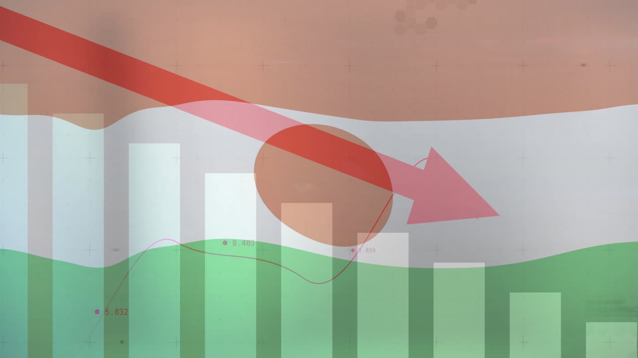 Bar chart with downward red arrow showing financial decline in animation background