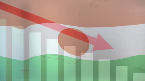 bar chart with downward red arrow showing financial decline in animation background