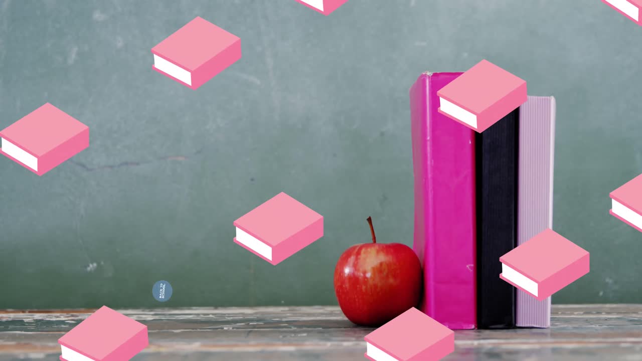 animación del texto de regreso a la escuela sobre iconos de artículos escolares y pizarra
