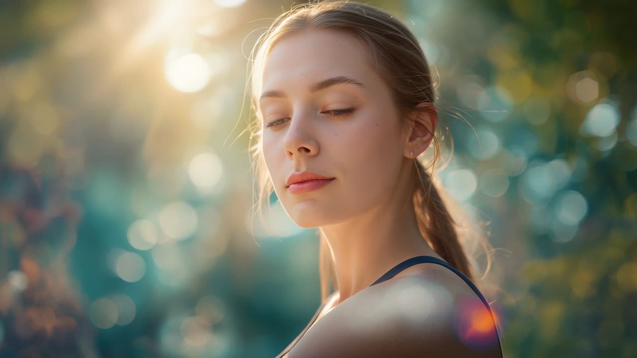 Rotating adult woman wearing blue tank top turning head right in sunlit garden with lens flares