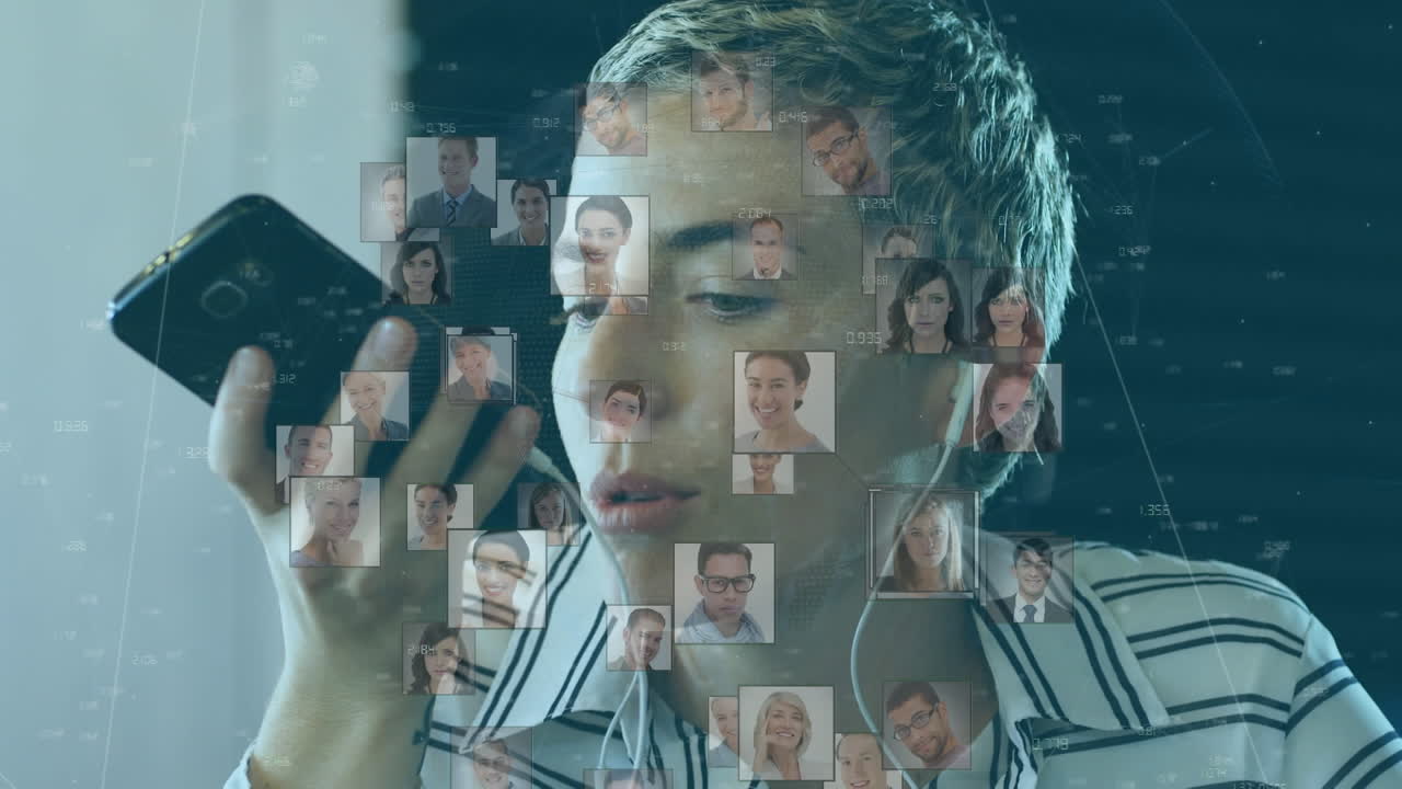 animación de mujer caucásica con auriculares y sobre las personas imágenes flotantes