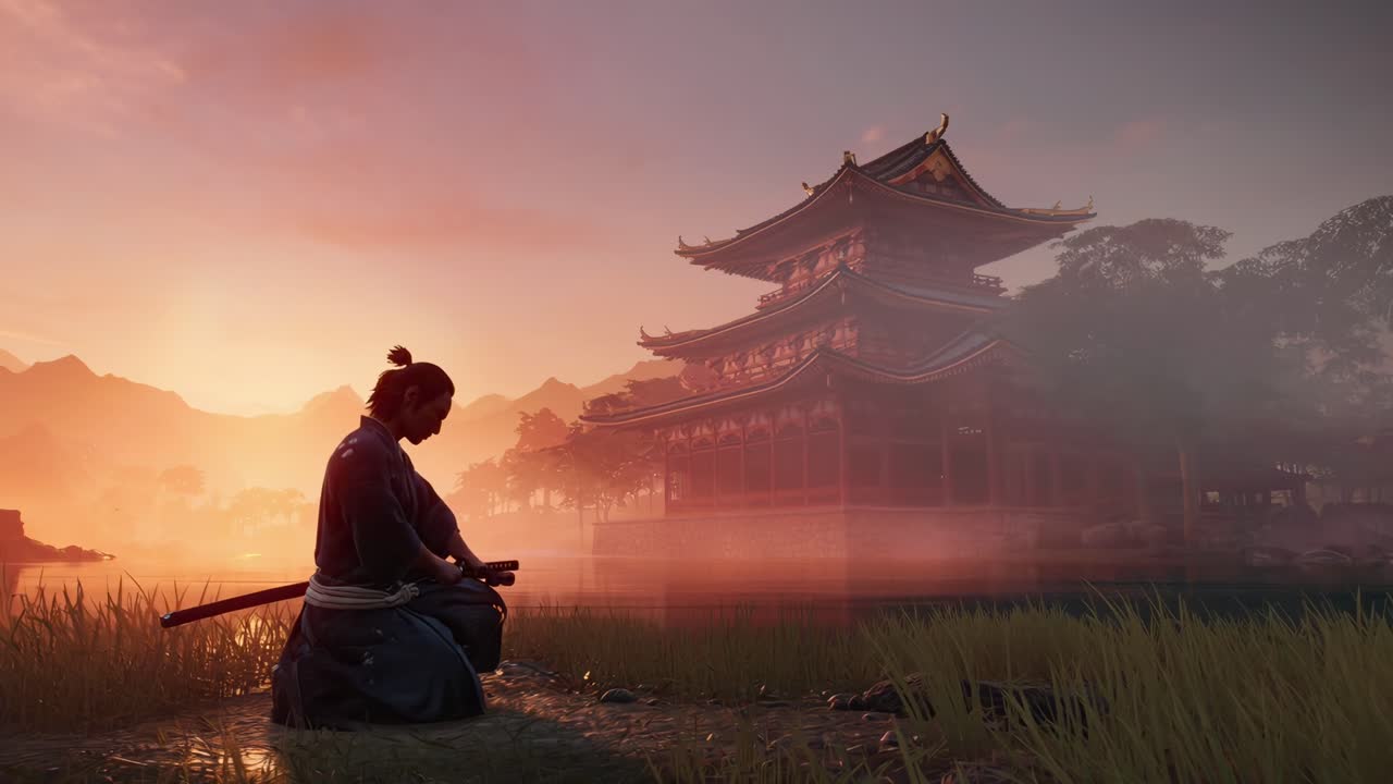 Samurai sereno inginocchiato al tramonto vicino a un tempio, ripreso in un'inquadratura video grandangolare