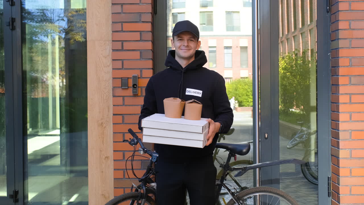 joven sosteniendo cajas de pizza en la entrada del edificio