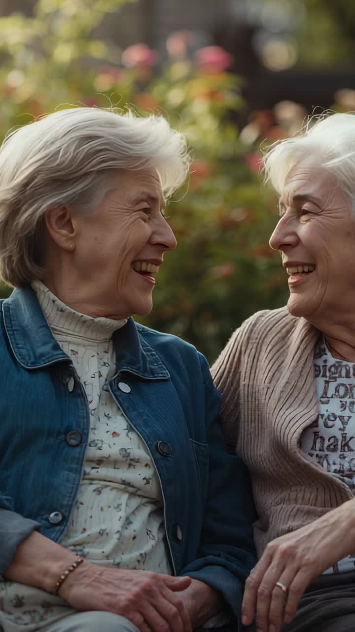 Video verticale: donne anziane sorridenti che ridono dopo essersi guardate negli occhi su una panchina da giardino, con giacca di jeans in mostra