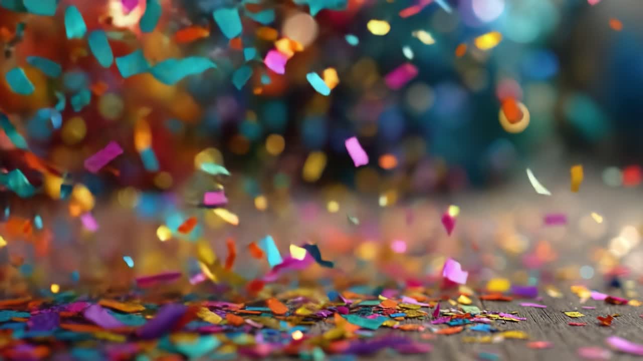 Vibrant Confetti Shower: Captivating Glimpses of Colorful Party Decor Spreading Joy and Festivity with Shimmering Pieces in the Air and on the Surface