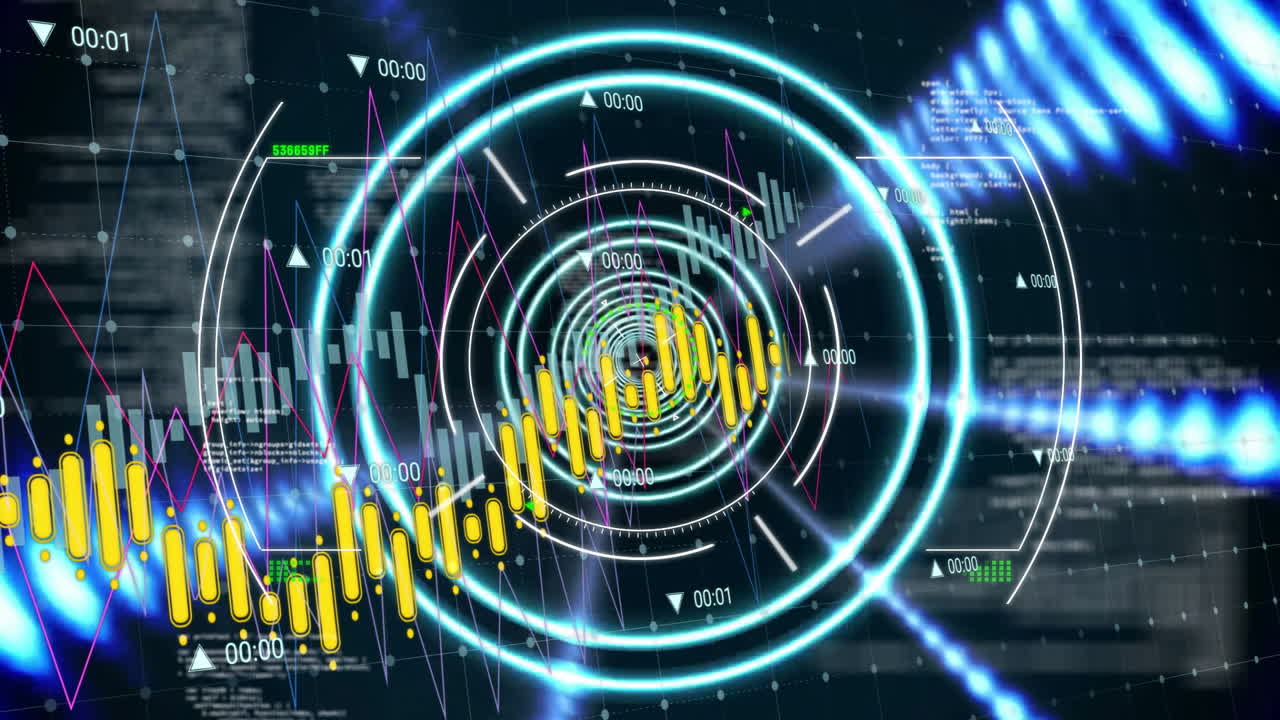 Animation of digital data processing over scope scanning on dark background