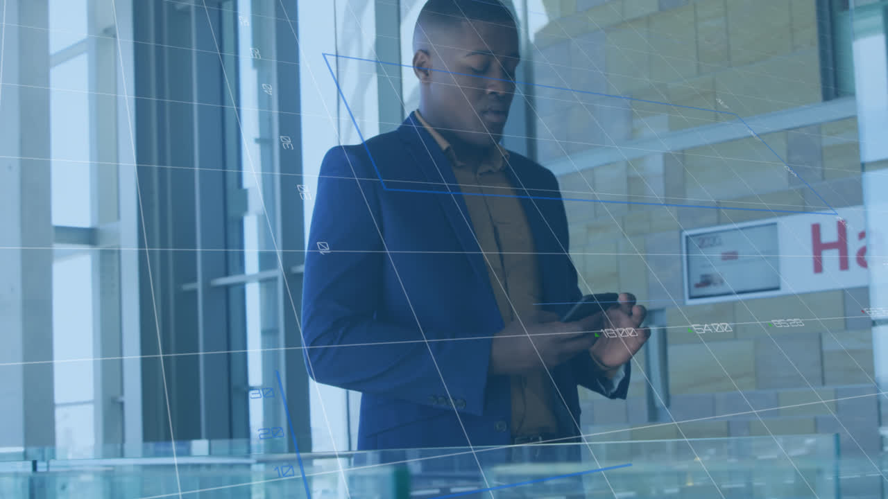 Animation of financial data and graphs over african american businessman using smartphone