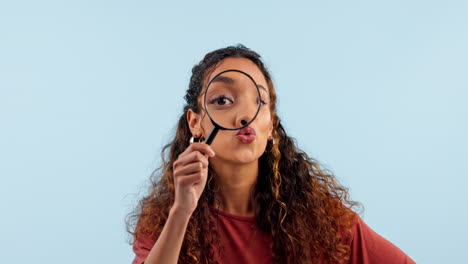 face, happy woman and magnifying glass search