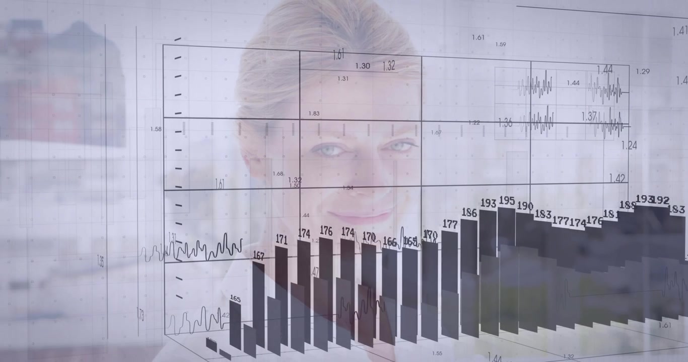 Mature woman standing, feed starting 3D grid over portrait and bars peaking then shrinking for data