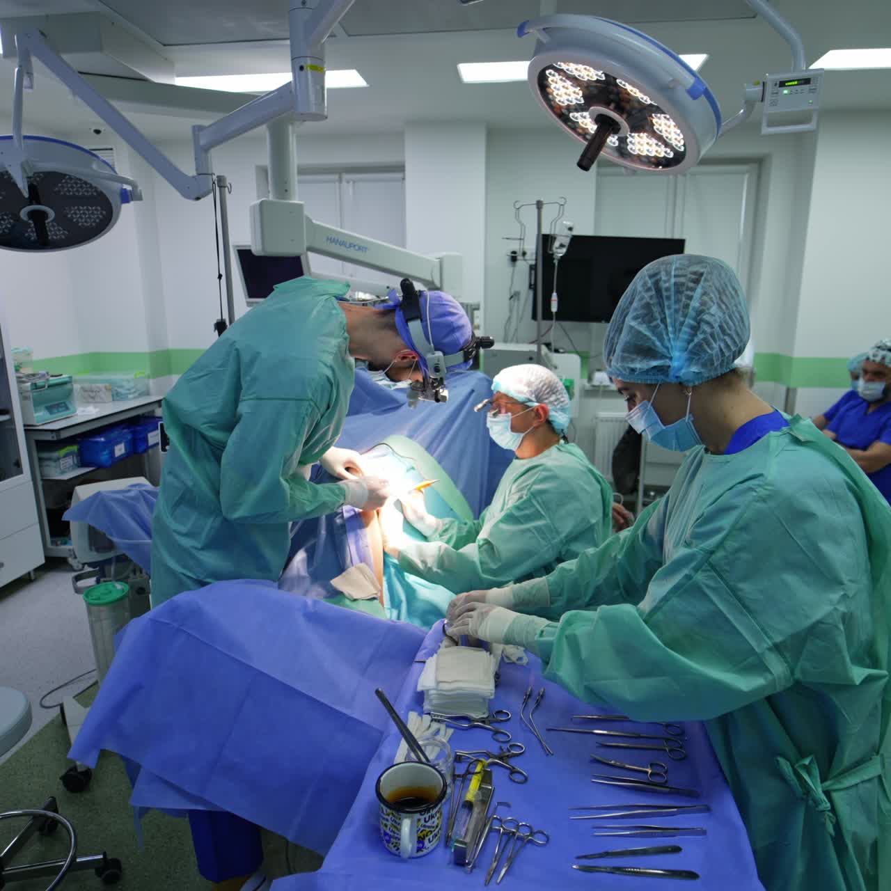 Surgical team performing surgery under the modern illumination. Nurse arranges the instruments at foreground