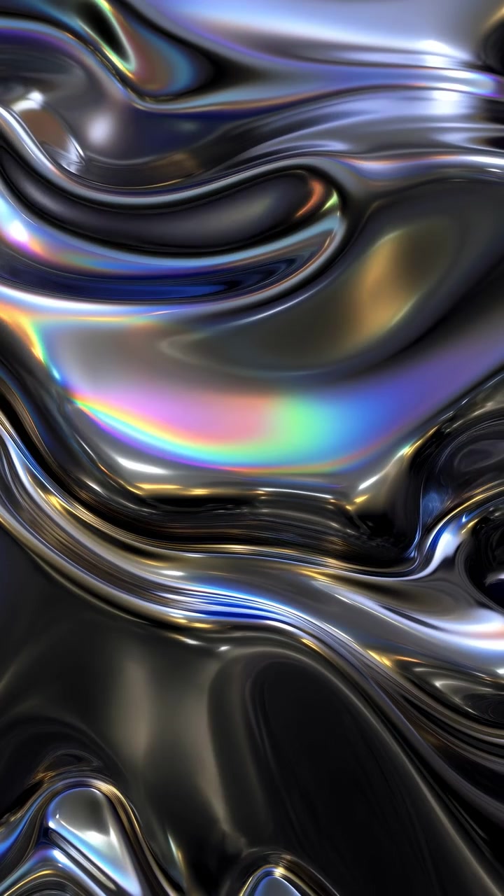 Close-up view of glossy black liquid-like surface with layered undulating folds, concave hollows, shifting iridescent bands, and polished metallic reflections for abstract luxury design