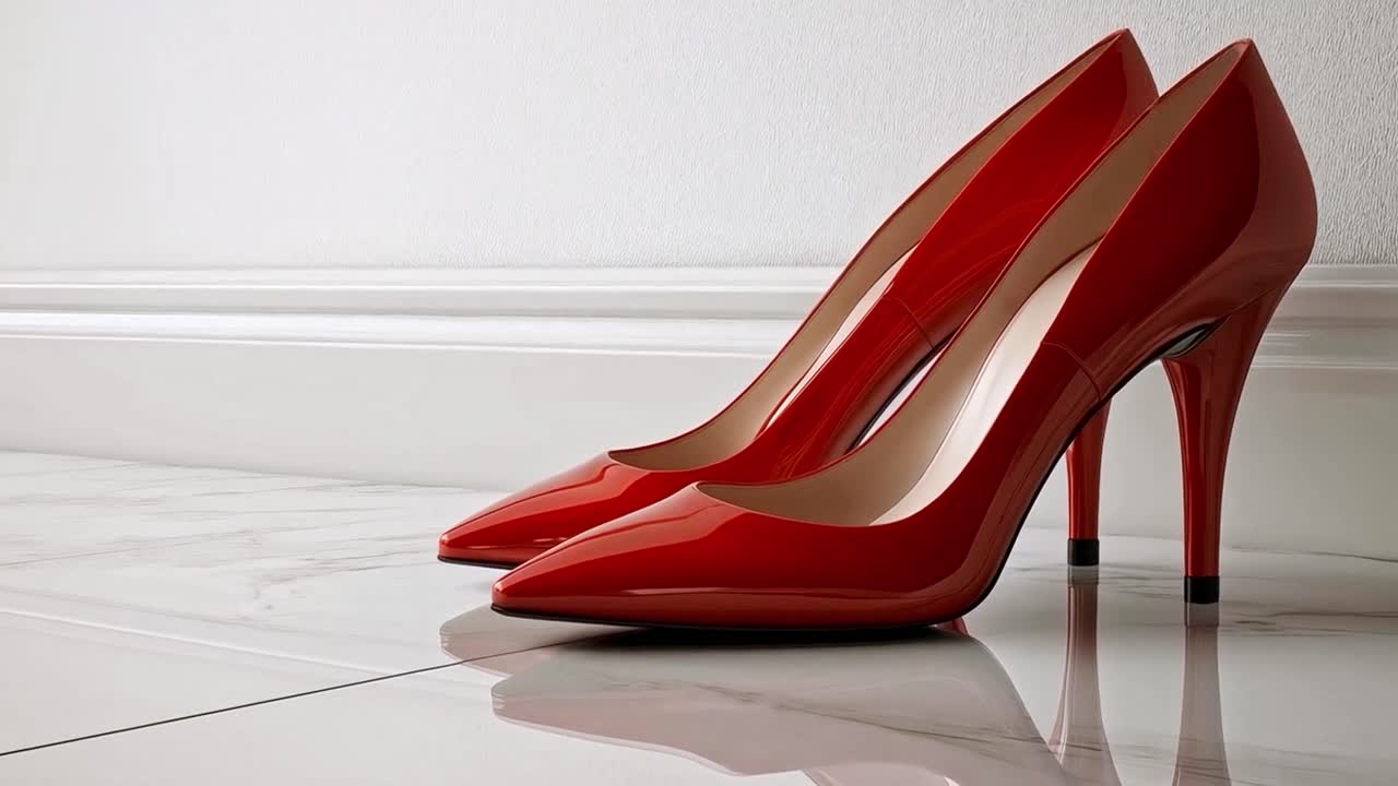 Pair of Red High Heels on a Marble Floor