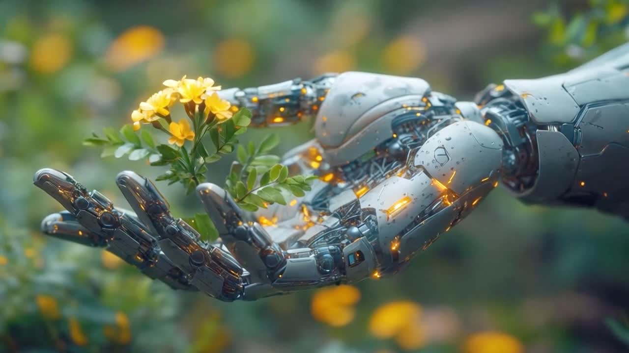 A robot hand holding a flower