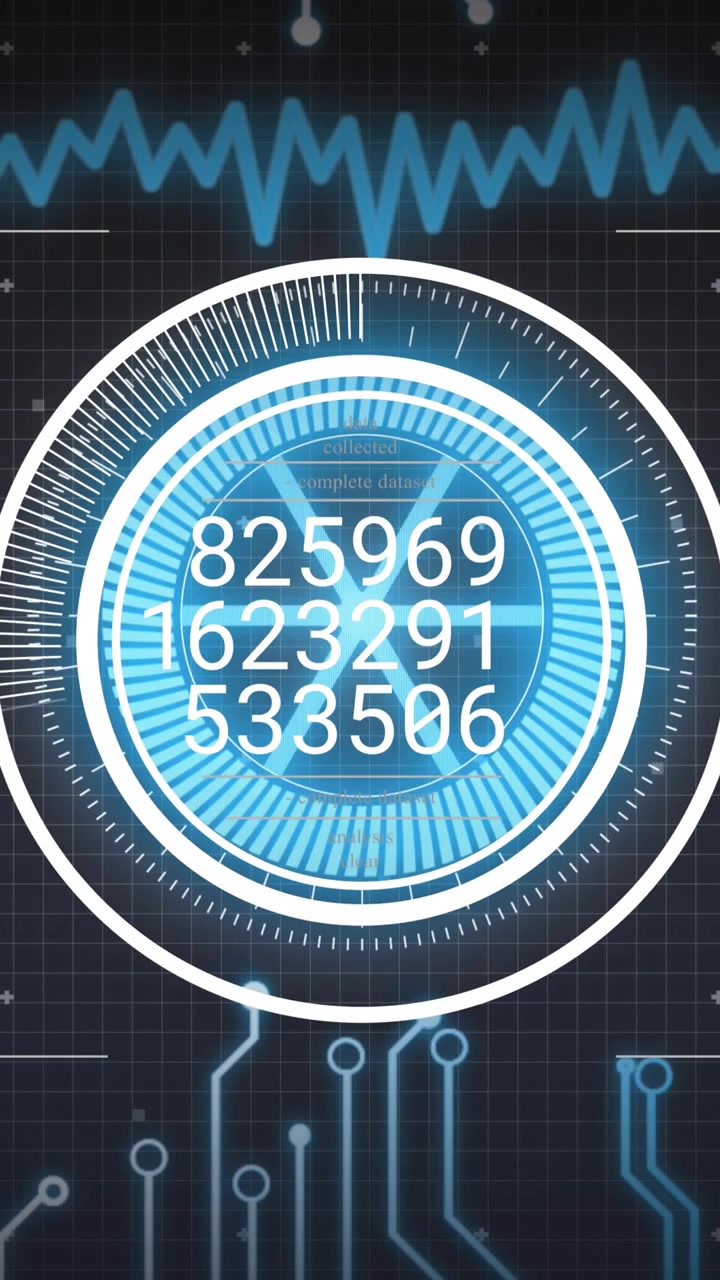 Animation of abstract pattern in circles, multiple numbers over soundwave and circuit board pattern