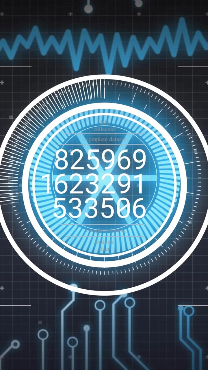 Animation of abstract pattern in circles, multiple numbers over soundwave and circuit board pattern
