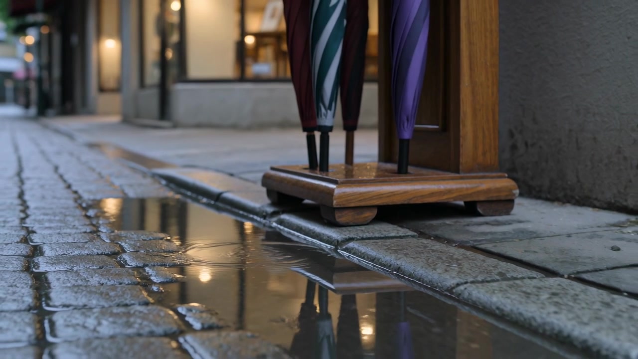 Falling droplet from umbrella tip into puddle after rain at shop door, reflecting wooden stand