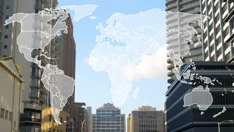 world map animation over cityscape with modern buildings and clear sky