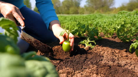 person planting a young plant in rich soil in a field