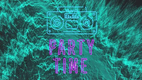 animation of party time and radio over green waves on black background