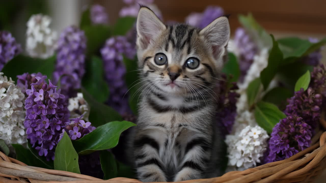 Cute Tabby Kitten in a Basket of Lilacs