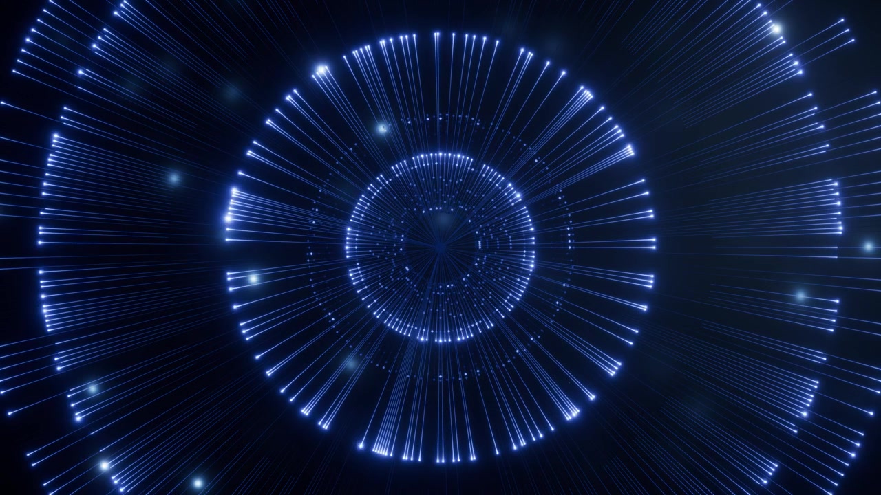 Tunnel spaziale digitale futuristico luminoso blu astratto con linee radianti