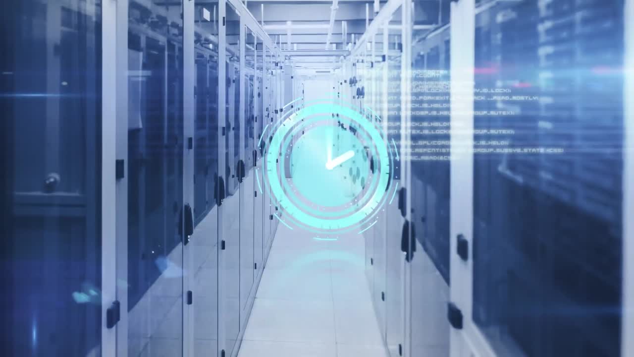 Animation of ticking clock and data processing against computer server room
