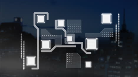 animation of data processing and network of connections over landscape background