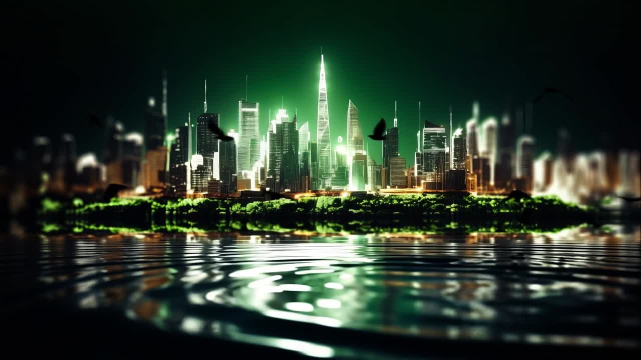 Night skyline with reflections. City skyline shines at night, with bright lights reflecting off water and modern architecture in the dark.