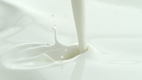 pouring milk into white creamy liquid making a splash and wave in macro and slow motion