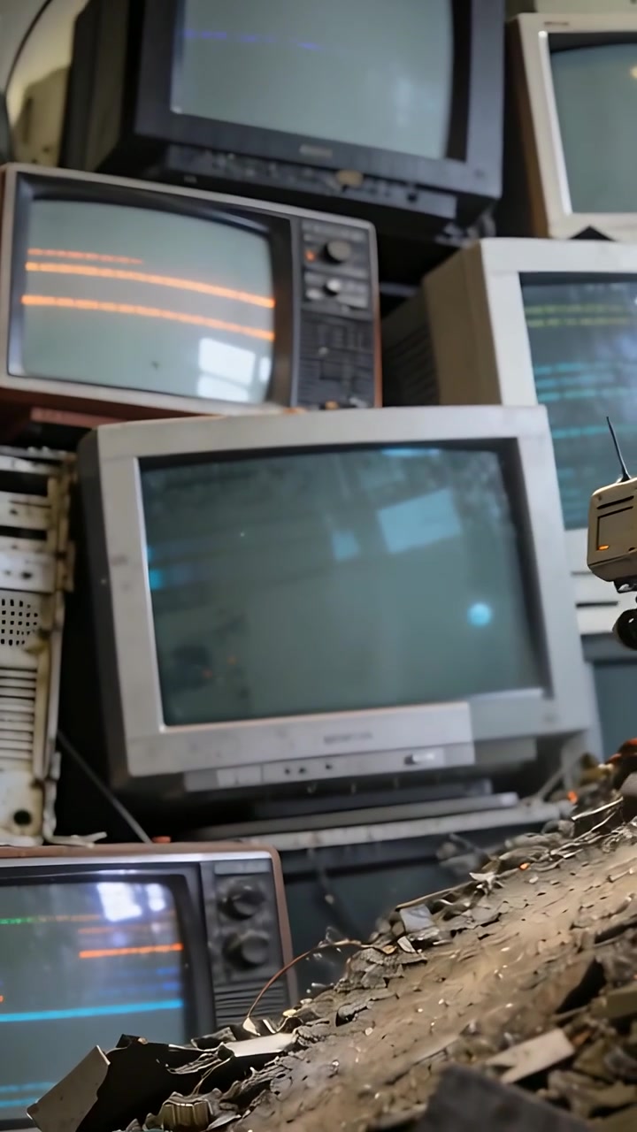 Video vertical: Cámara paneando, pequeño robot escaneando monitores CRT apilados mientras navega entre escombros, con espacio para texto.