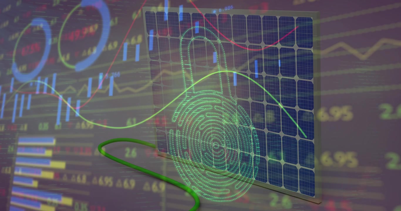 Animation of digital padlock, financial data and graphs over solar panels
