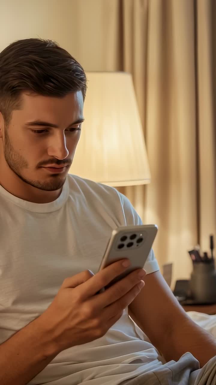 Vertical video: Grasping smartphone, man scrolling content on bed at home under lit lamp