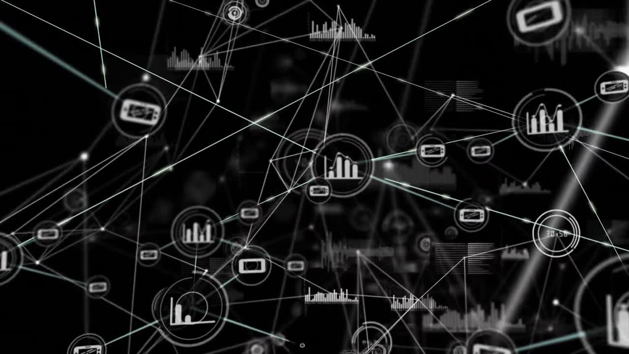 Animation of network of connections with icons over statistics