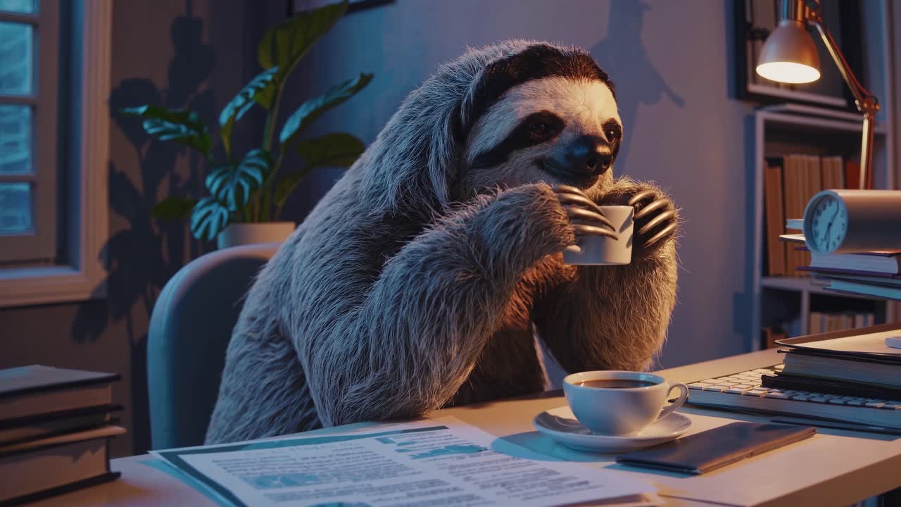 A sloth at a desk in a cluttered office, viewed from a side angle, humorously mimics