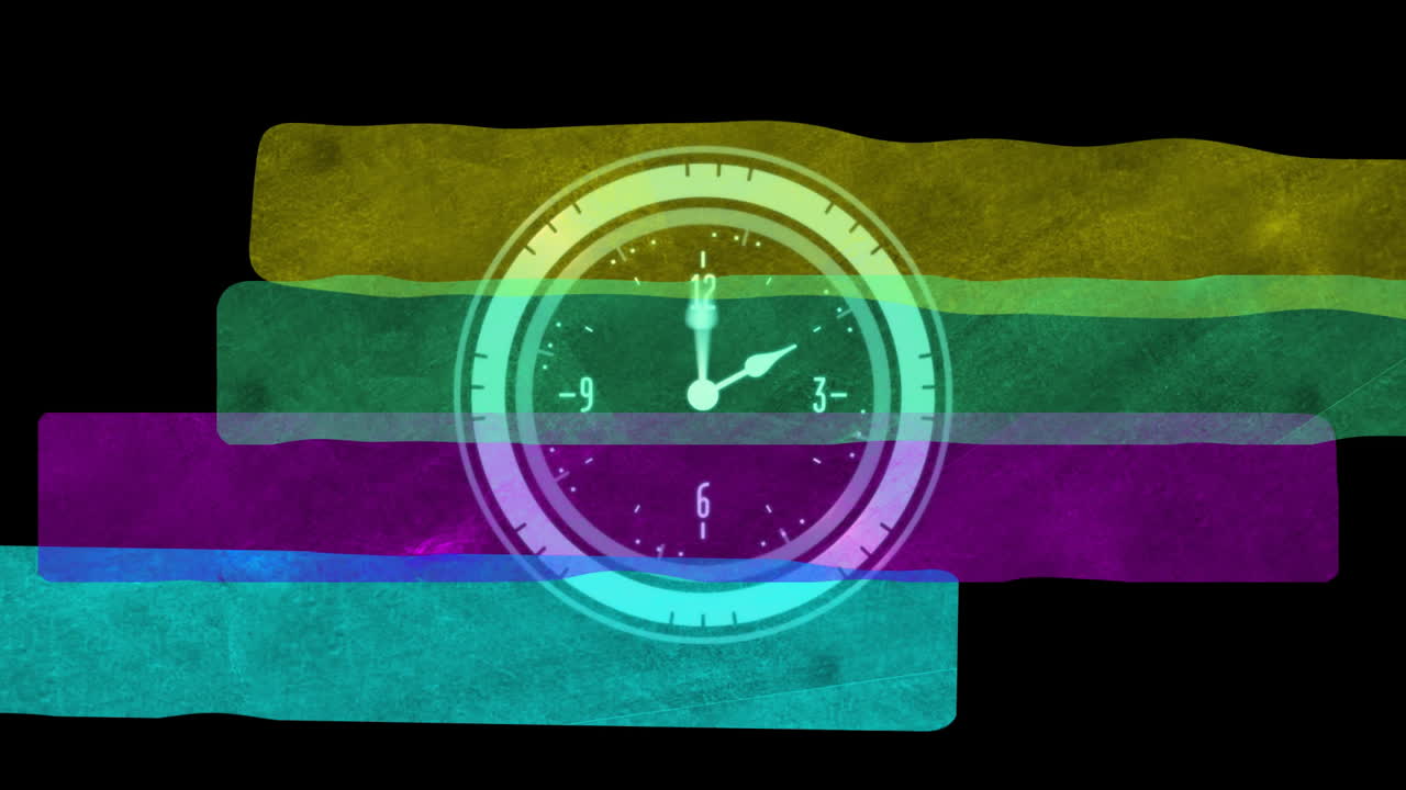 Animation of clock moving over colourful lines