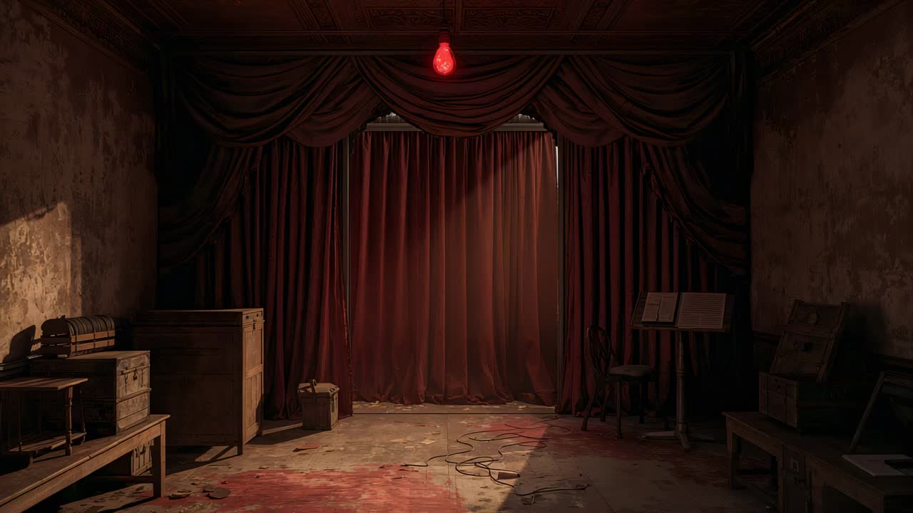 Flickering red bulb casting wash while slit widening near curtain at backstage, with crates, cables