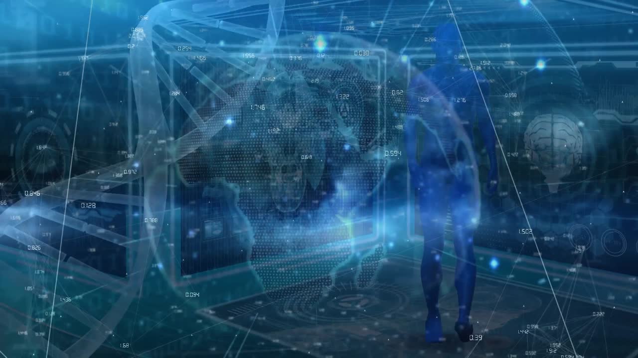 Animation of dna strand over network of connections and data processing on black background