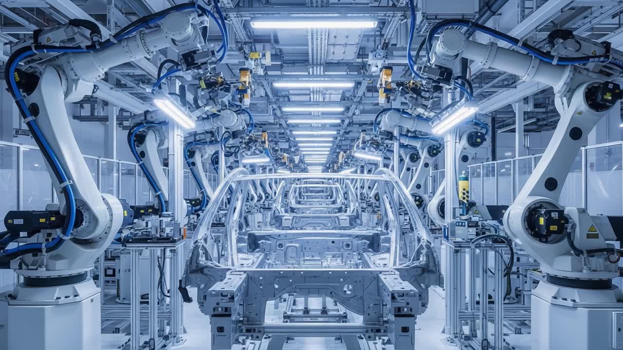 Automated Manufacturing Line Featuring Precision Robots in a High-Tech Production Facility for Vehicle Frame Assembly and Quality Control