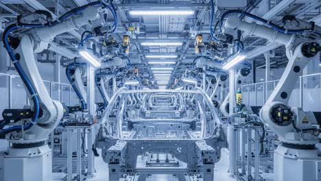 automated manufacturing line featuring precision robots in a high-tech production facility for vehicle frame assembly and quality control
