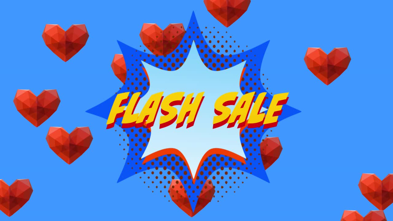 플래시 판매 텍스트 레트로 연설 거품에 파란색 배경에 빨간색 심장