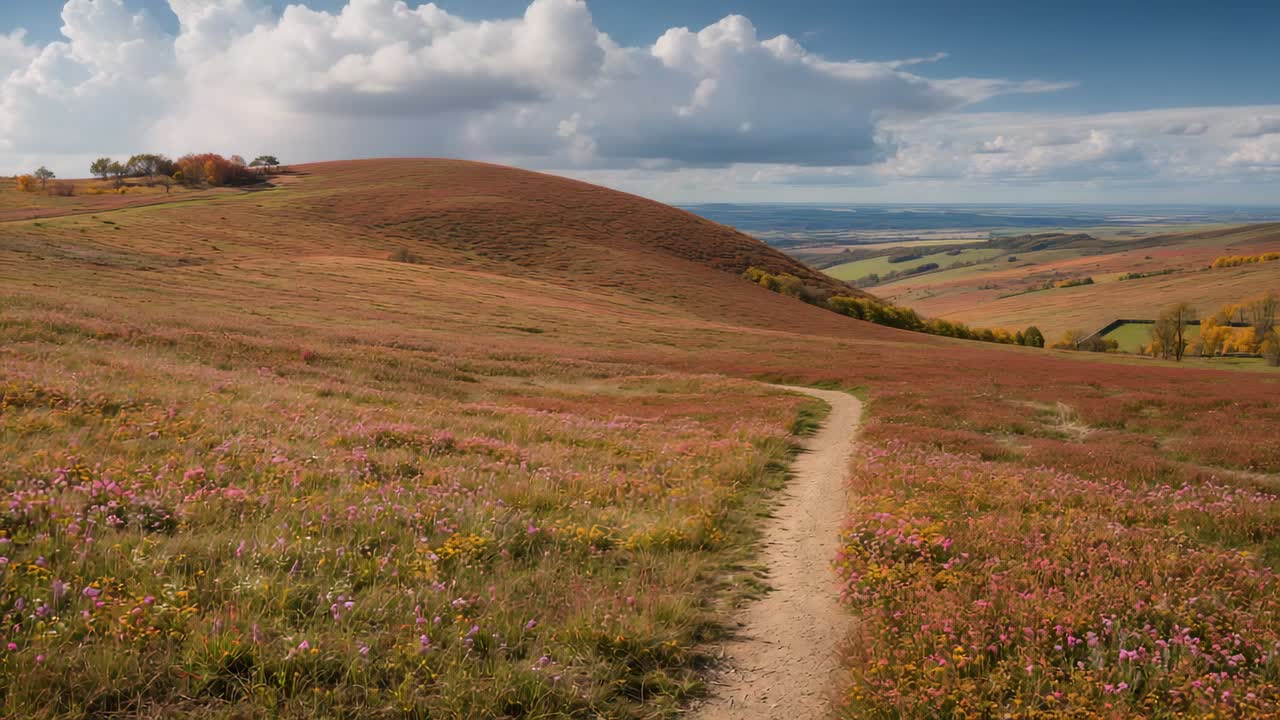 Clouds thickening overhead, sending rain column across winding dirt path, amid wildflowers on slope
