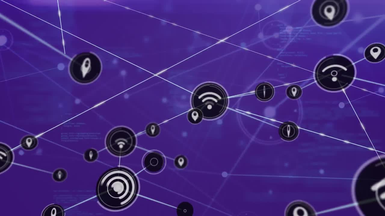animación de la red de iconos digitales y procesamiento de datos contra un fondo púrpura.