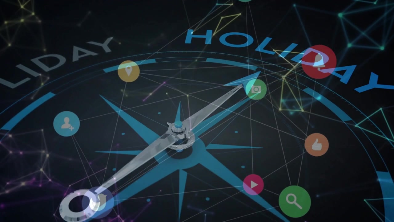 Hovering metallic compass needle on digital compass rose starting clockwise icon highlighting cycle
