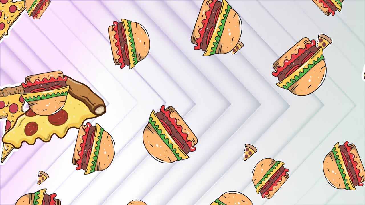 animación de iconos de hamburguesas que caen sobre el patrón de triángulo blanco