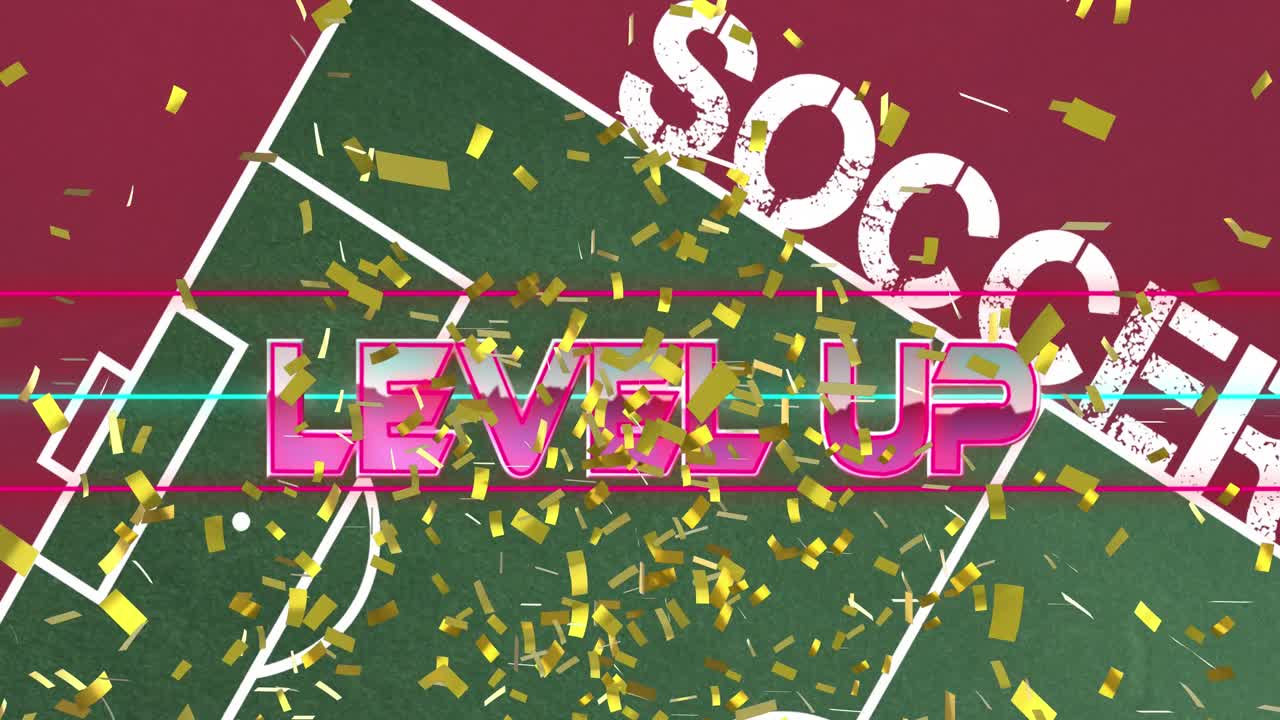 스포츠 경기장에서 축구 단어 위에 떨어지는 분홍색과 금색 콘페티의 단어 수준의 애니메이션